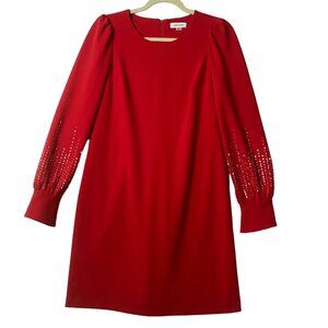 Calvin Klein Red Long Sleeve Dress With Sequin Detail Women Size 8 Elegant NWT